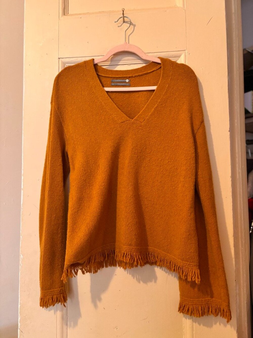 Anthropologie "Joy" Fringed V-Neck Pullover Sweater | XS | Mustard Gold
